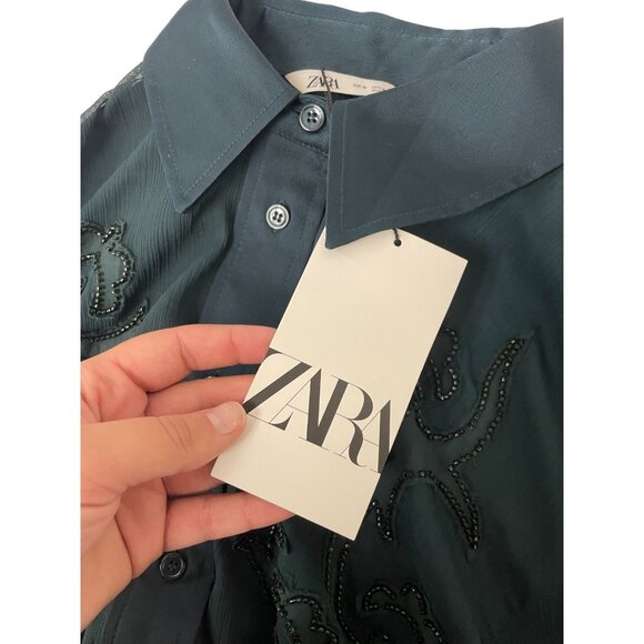 Zara Womens Top Sheer Blouse M Medium Green Embellished beaded 4786/089 NWT - Picture 7 of 14